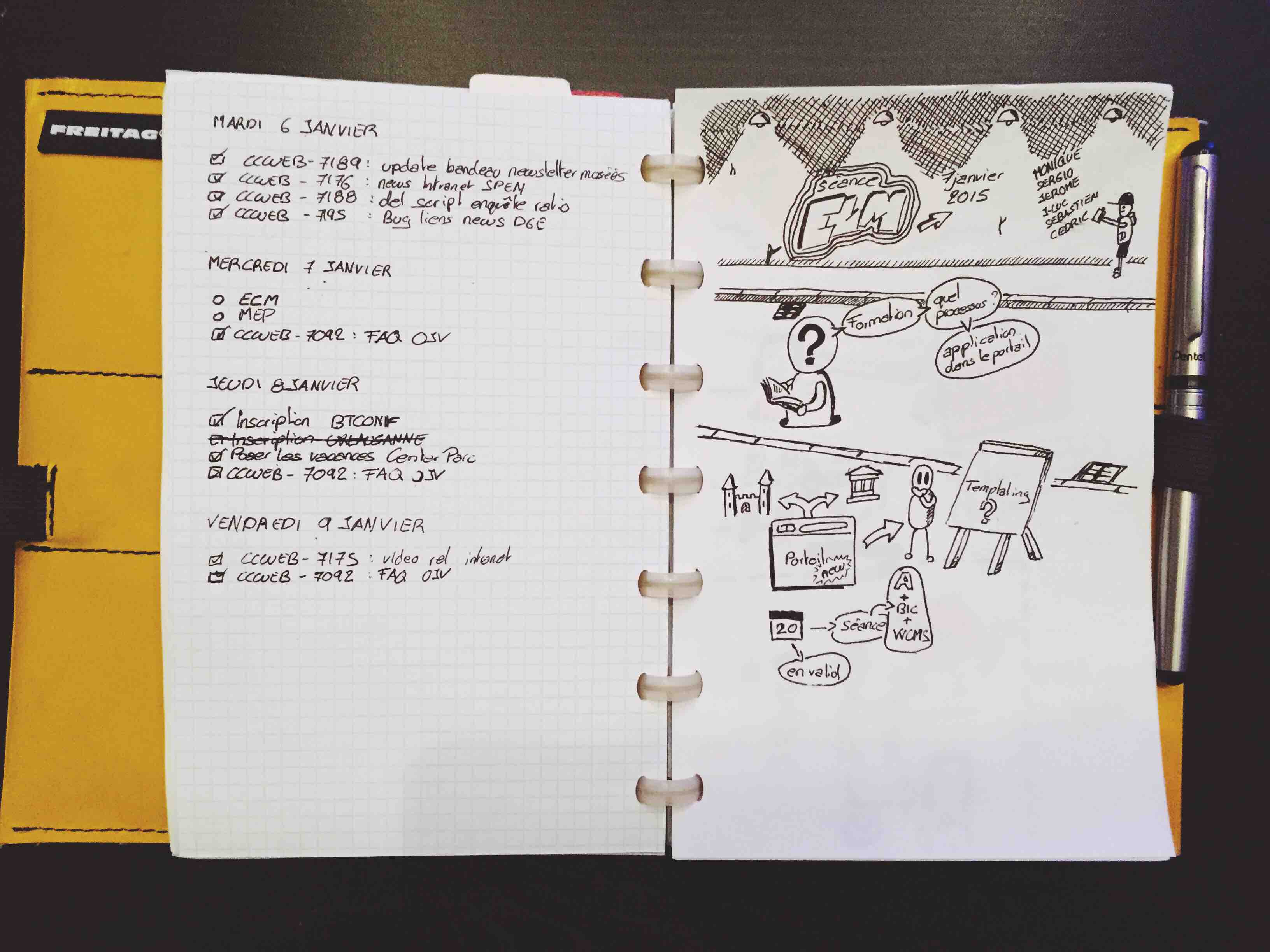 Notebook open. A week page on the left and a sketchnote on the right